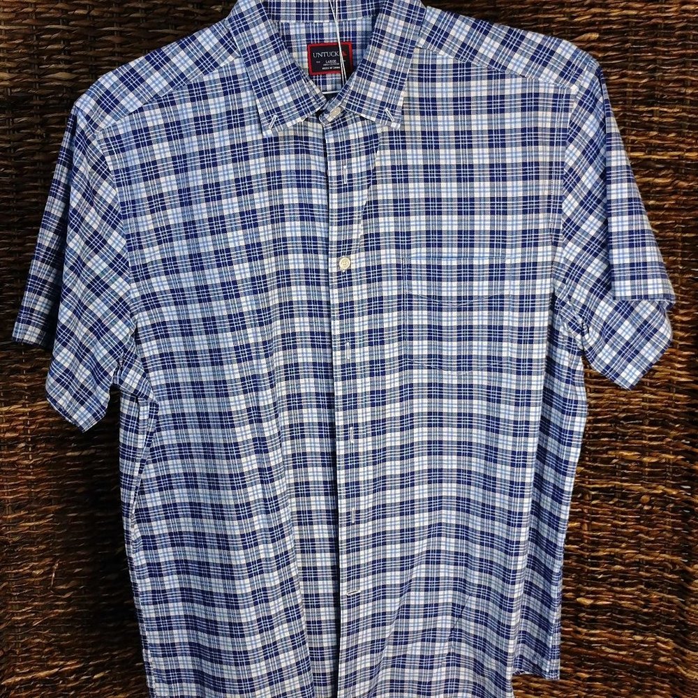 Untuckit Blue Plaid Button Up Short Sleeve Shirt Large